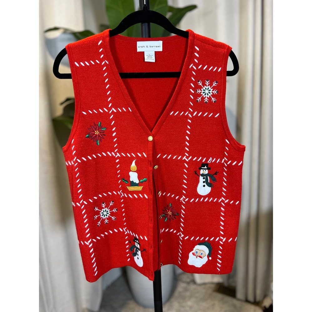 Croft & Barrow Womens Red Holiday Christmas Embroidered Button Front Vest Large